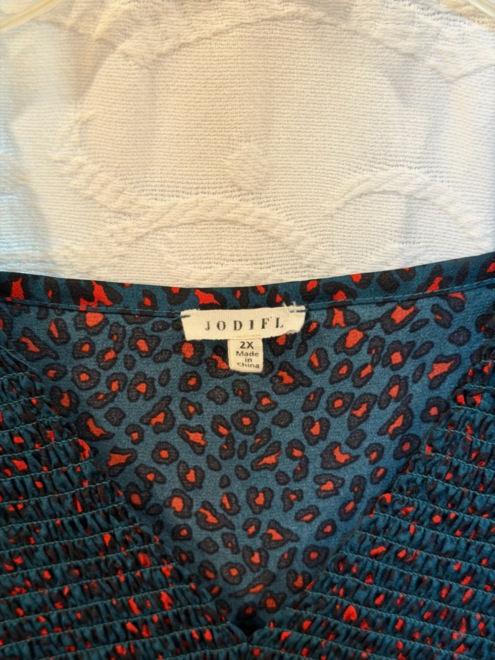 JODIFL Teal Long Sleeve Smocked Mini Dress with Rust Spots - Picture 3 of 3